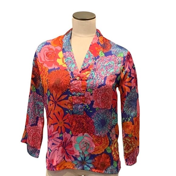 NATORI Womens Polyester Satin Top Colorful Floral Print Kimono Sleeve XS 210N - Picture 1 of 8